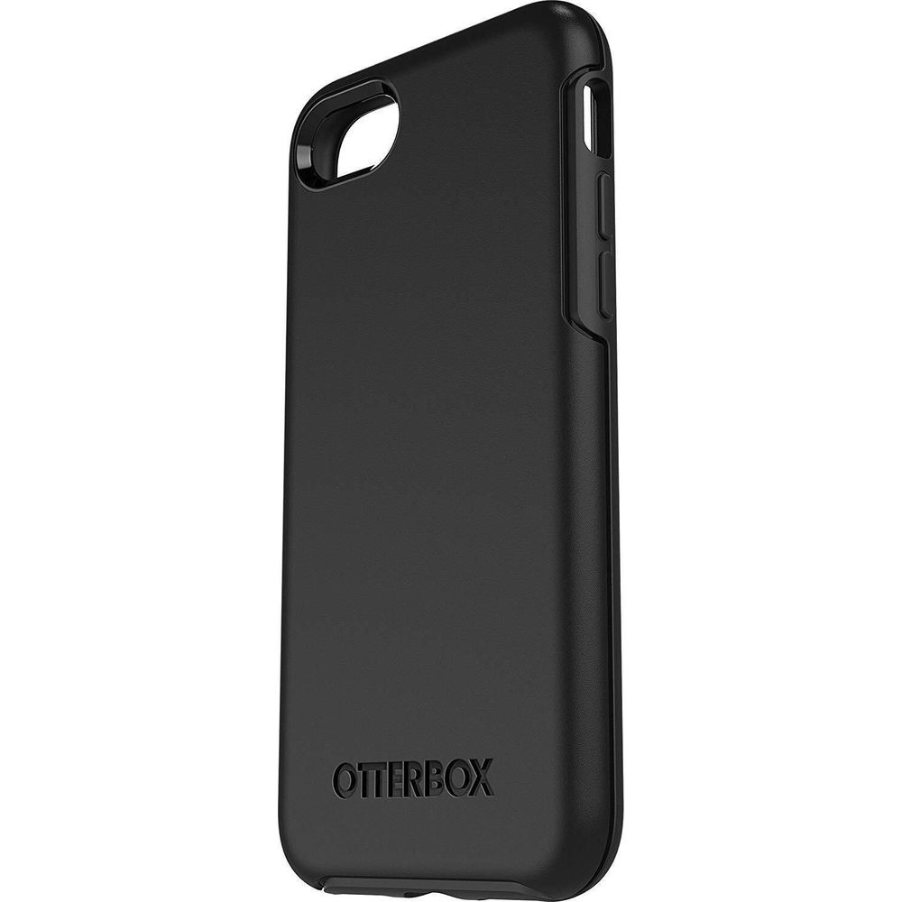Coque de téléphone Otterbox noire vue en angle sur fond blanc.