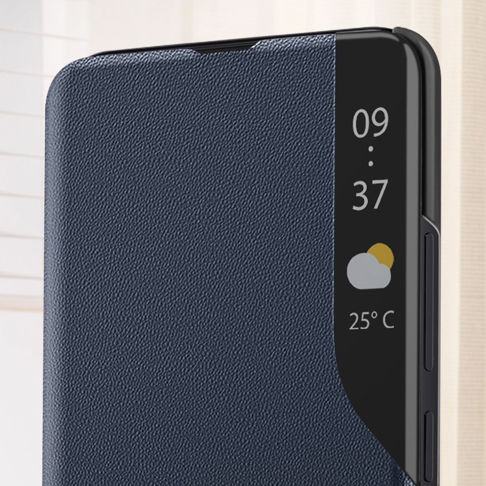 Copertina telefono blu scuro con ora 09:37, meteo e 25°C.