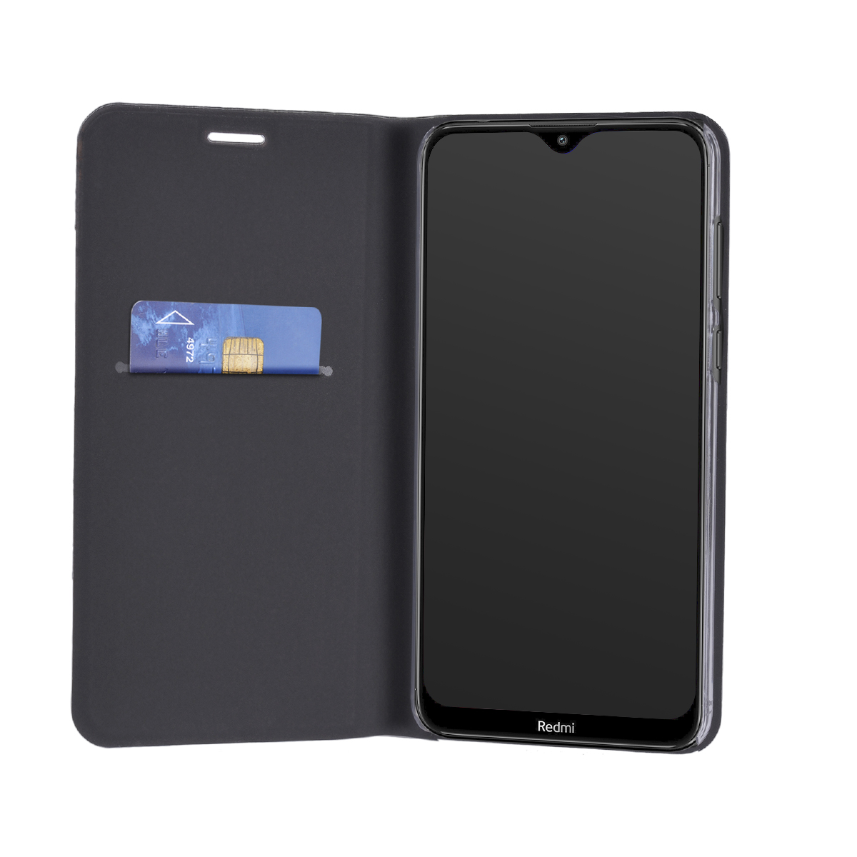 Un telefono nero con cover a libro aperta, che contiene una carta blu.