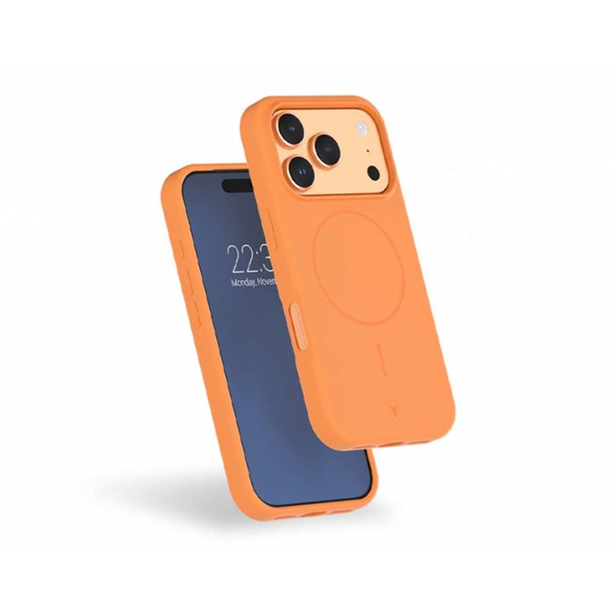 Una custodia arancione si trova dietro uno smartphone. Il display mostra 22:3.
