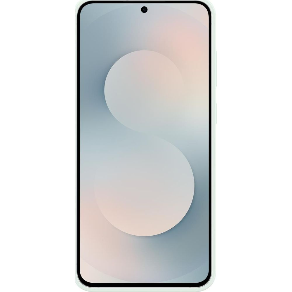 Een lichtgroene smartphone met een abstracte achtergrond op het scherm.