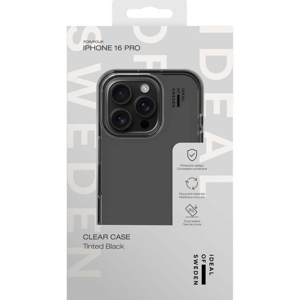Klare, getönte schwarze Hülle für iPhone 16 Pro mit Kameraaussparung.