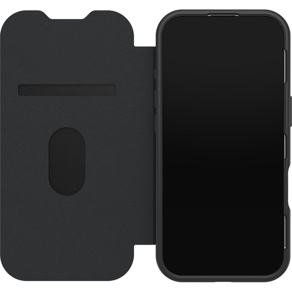 Un smartphone noir avec un étui folio ouvert. L'étui a des fentes.