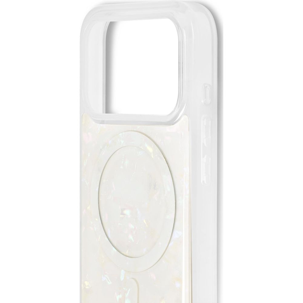 Custodia bianca per iPhone con motivo iridescente e anello magnetico.