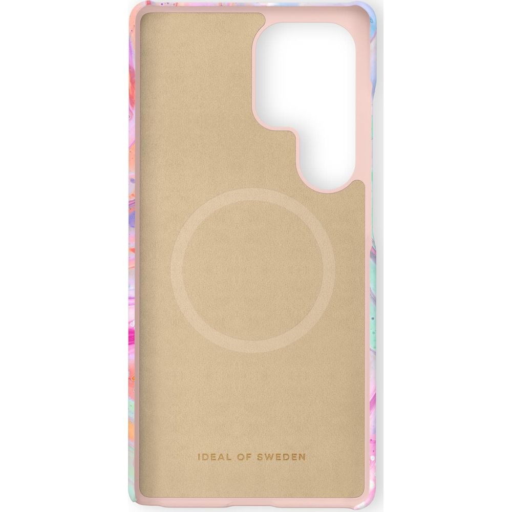 Eine Handyhülle mit Marmormuster in Rosa, Lila und Grün. Innen ist sie beige.