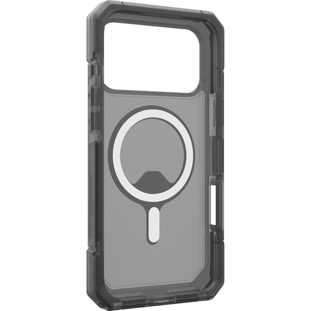 Eine durchsichtige Handyhülle mit Magnetring zum Aufladen. Grau.