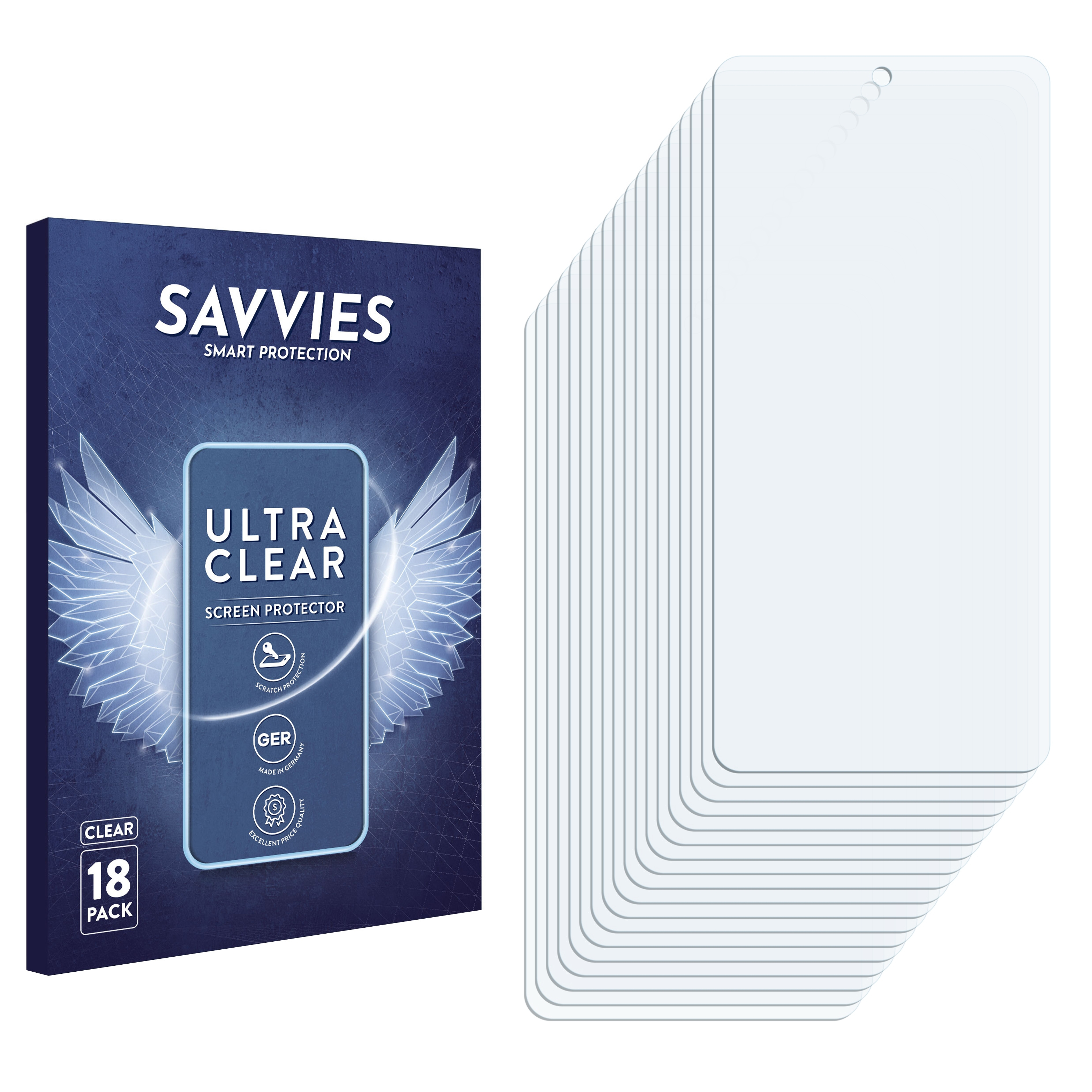 Verpackung für 18 Stück Displayschutzfolien, mit Aufschrift 'Ultra Clear'.