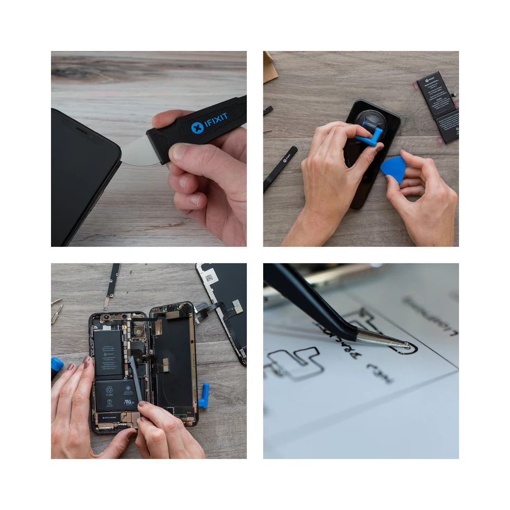 Vier Bilder zeigen die Reparatur eines Smartphones mit Werkzeugen und einem offenen Gerät.