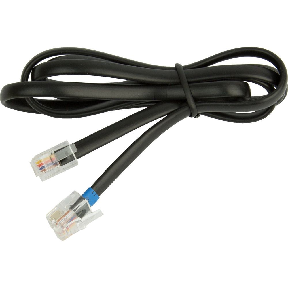 Un cavo nero con due connettori RJ11 trasparenti, uno con banda blu.
