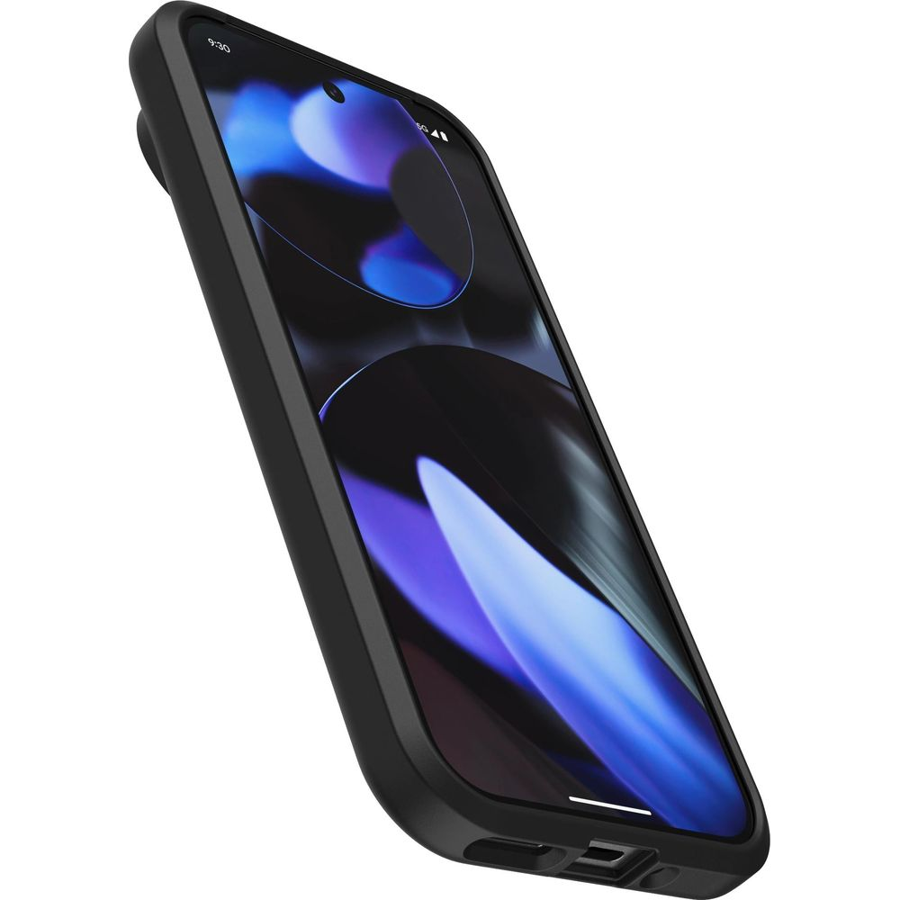 Telefono nero con sfondo viola e blu su sfondo bianco.