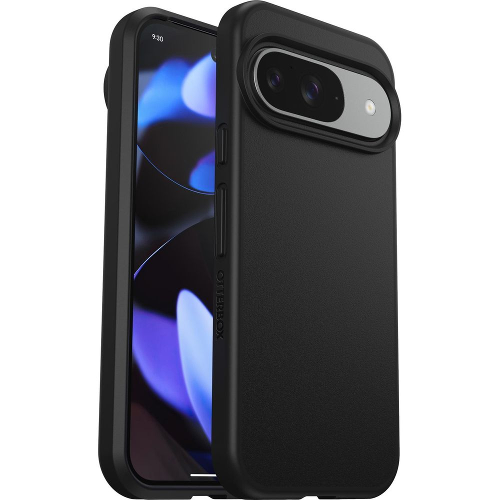 Una custodia Otterbox nera su uno smartphone con sfondo blu.