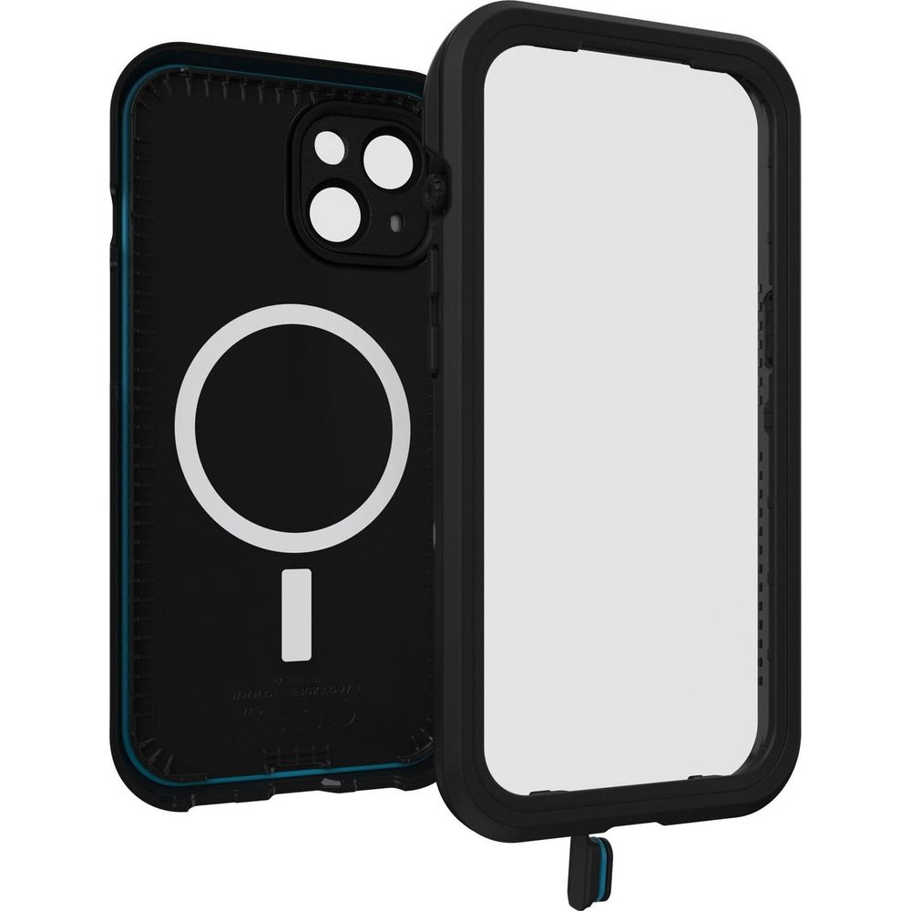 Une coque noire pour iPhone avec cercle MagSafe et section rectangulaire transparente.