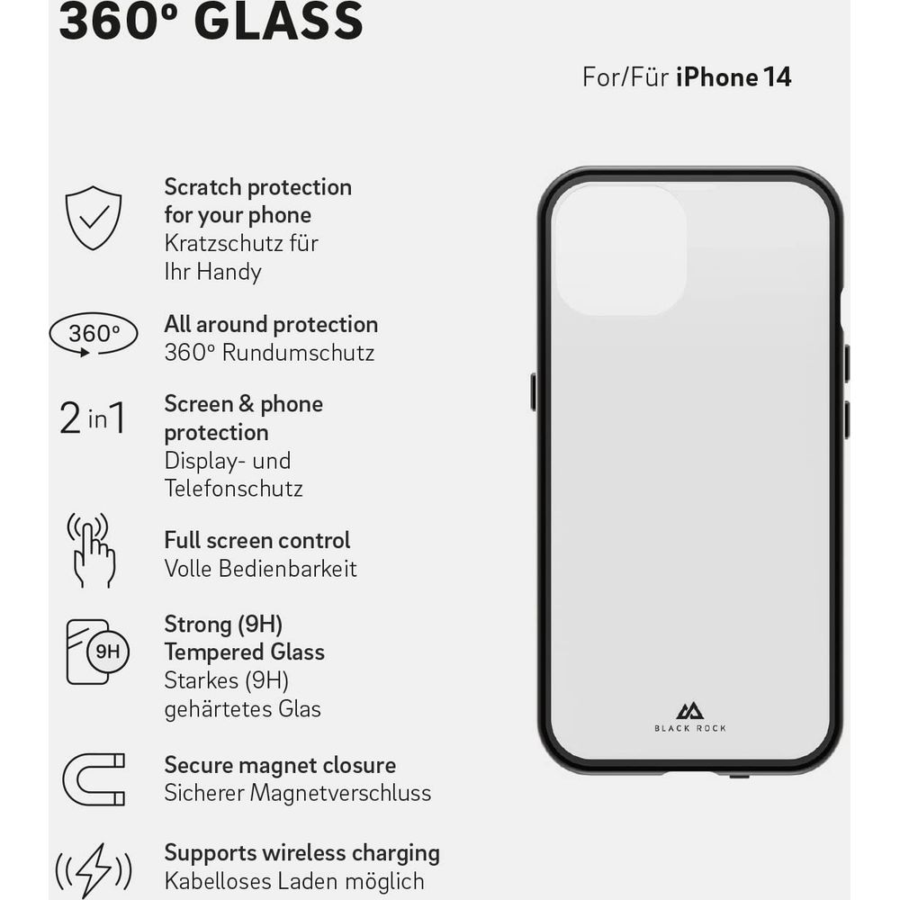 Schutzhülle für iPhone 14 mit 360° Glas, Magnetverschluss und Ladefunktion.