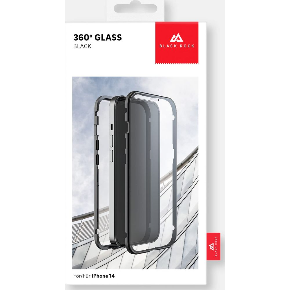 Schwarzer 360-Grad-Schutz für iPhone 14 mit schwarzem Rahmen.