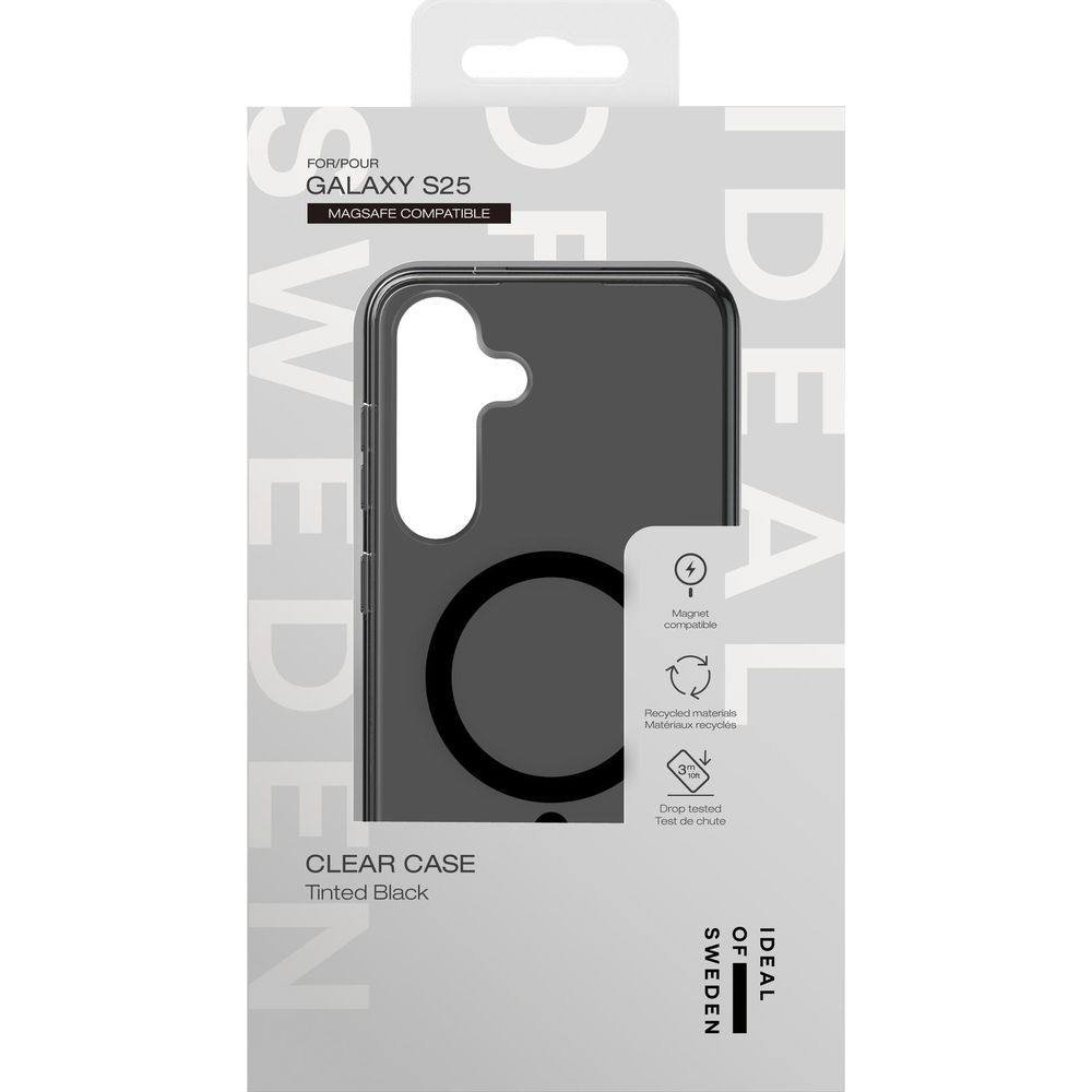Verpackung einer schwarzen Galaxy S25 Hülle mit MagSafe-Kompatibilität.