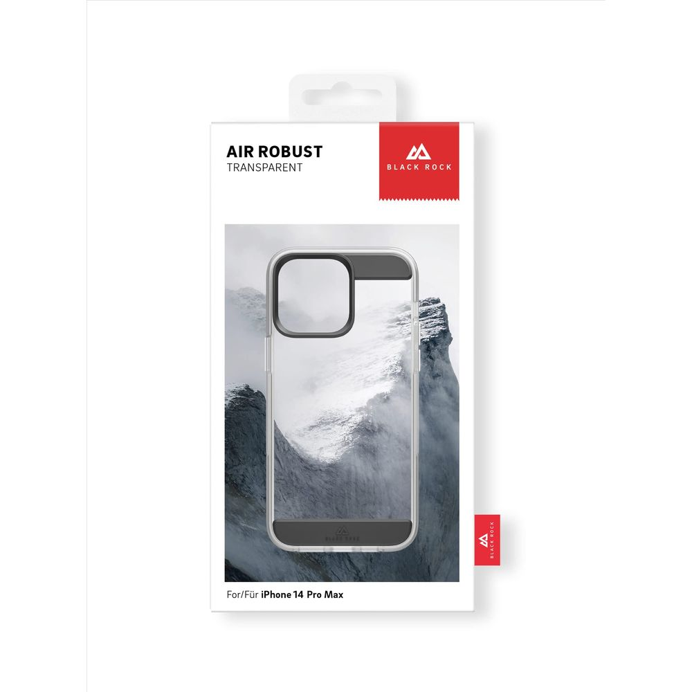 Confezione per una custodia trasparente iPhone 14 Pro Max con scena montana.