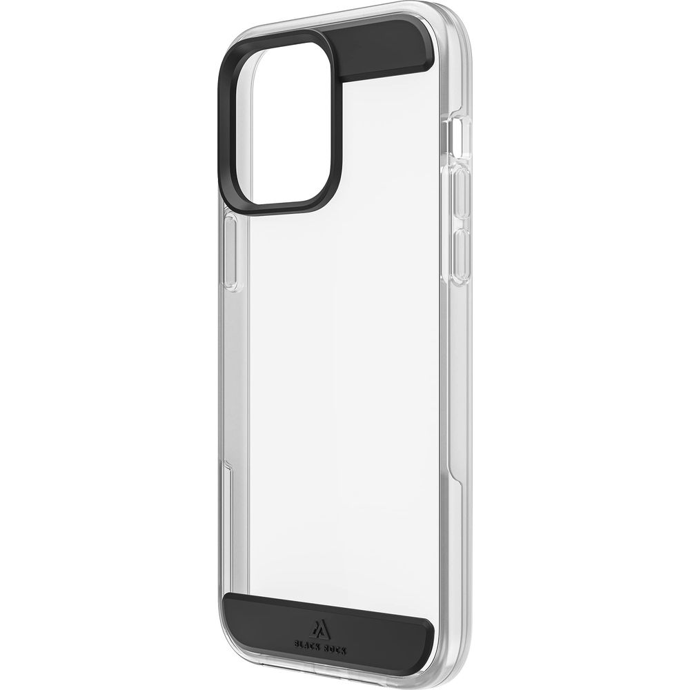 Custodia trasparente per telefono con accenti neri su fotocamera e base.