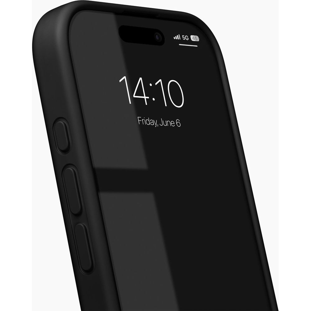 Schwarzes Handy mit 5G-Symbol und Uhrzeit 14:10 auf dem Sperrbildschirm.