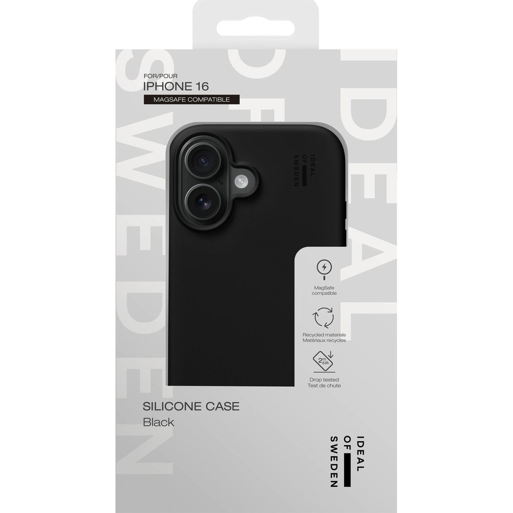 Schwarze iPhone 16 Silikonhülle mit MagSafe-Kompatibilität.