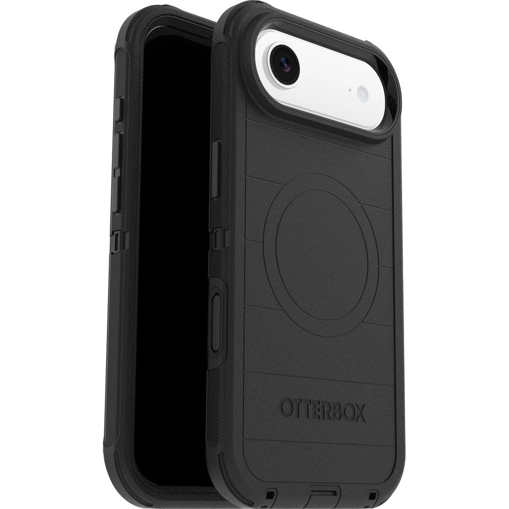 Zwarte OtterBox telefoonhoes met camera-uitsparing en cirkelvormig patroon.