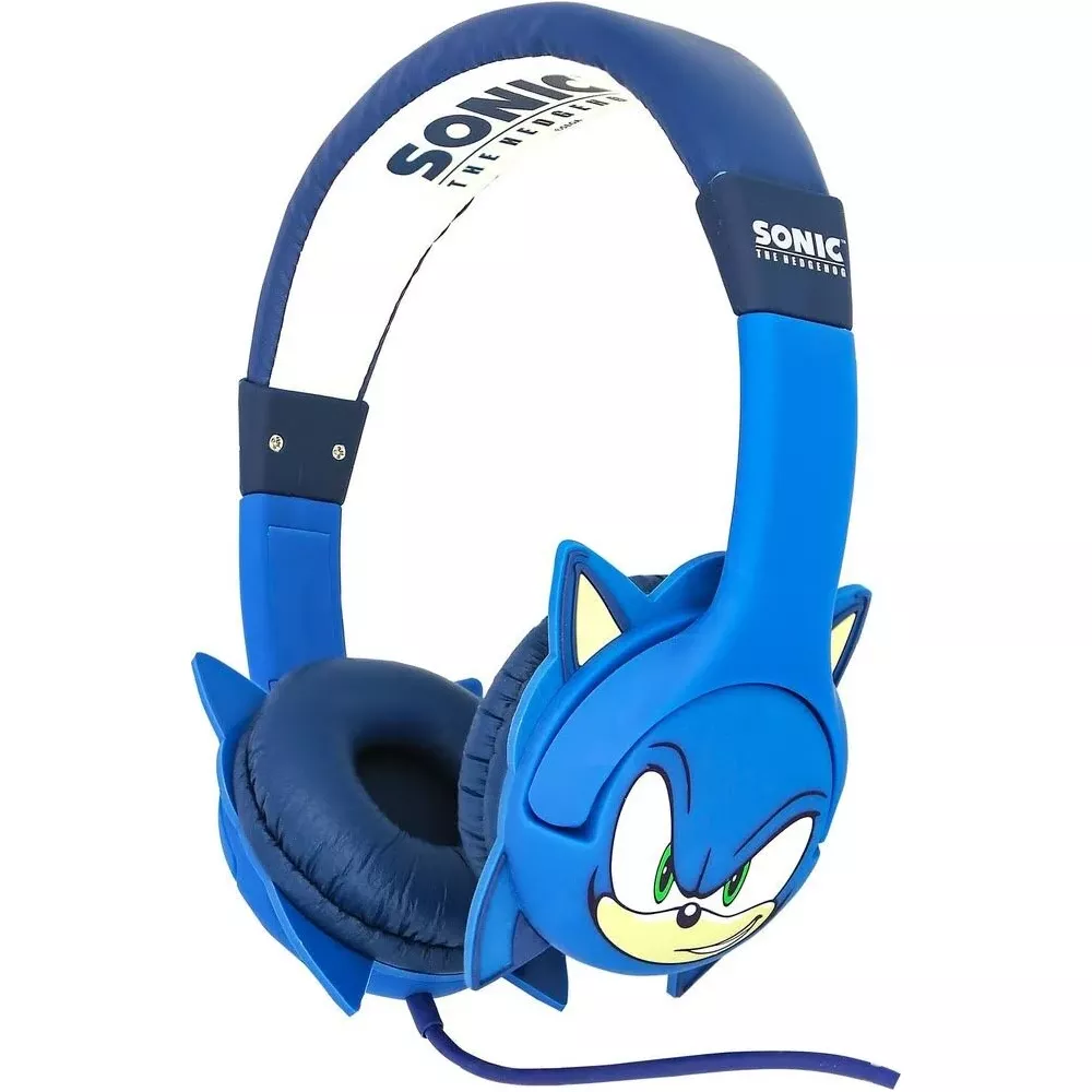 Niebieskie słuchawki Sonic z twarzą Sonica na nausznikach.