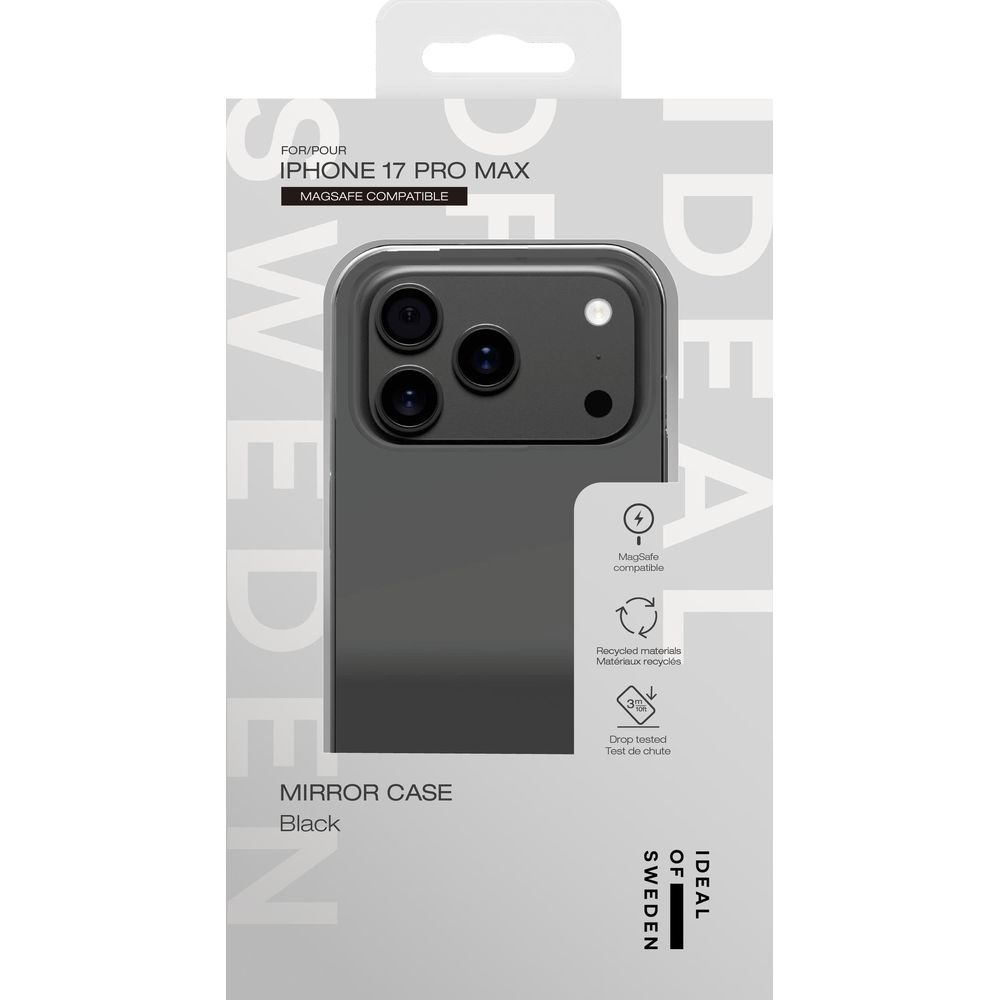 Schwarze Spiegelhülle für iPhone 17 Pro Max, MagSafe-kompatibel.