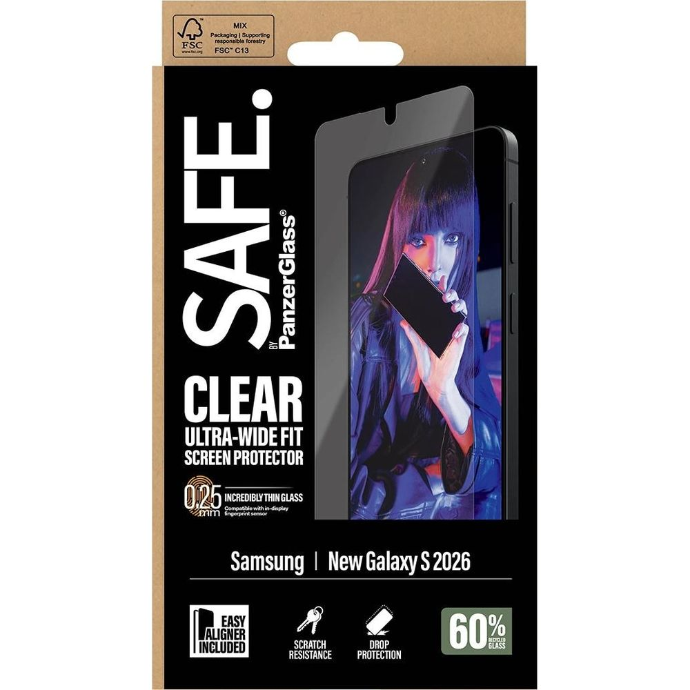 Confezione per proteggi schermo SAFE Clear per Samsung S2026 con donna.