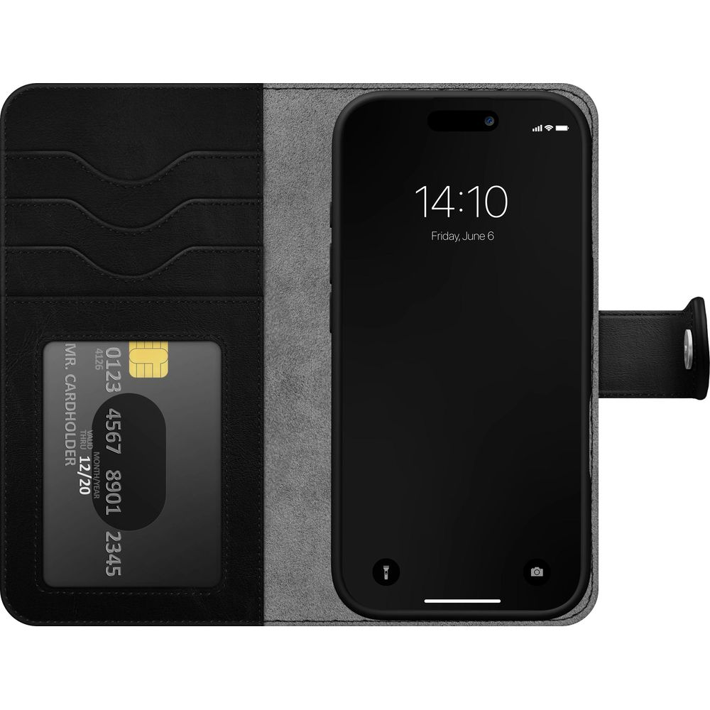Ein schwarzes Klapphandy-Etui mit Kartenfach, das ein iPhone zeigt.