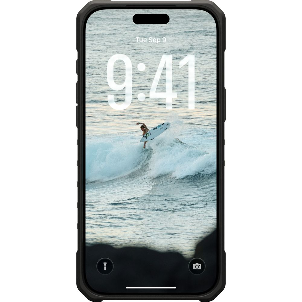 Ein Smartphone zeigt einen Surfer auf einer Welle mit der Uhrzeit 9:41.