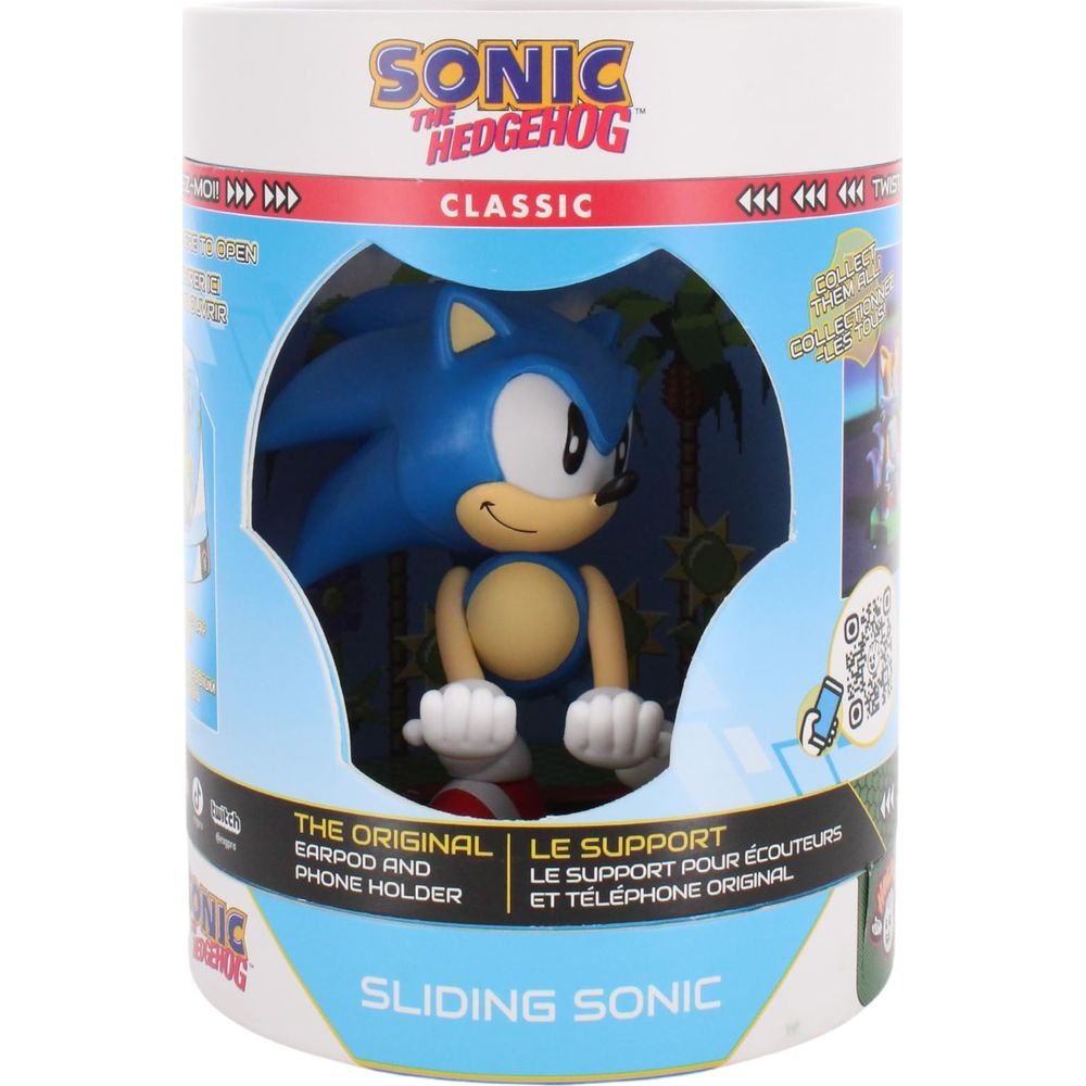 Un porta auricolari e telefono Sonic the Hedgehog in scatola, con figura.