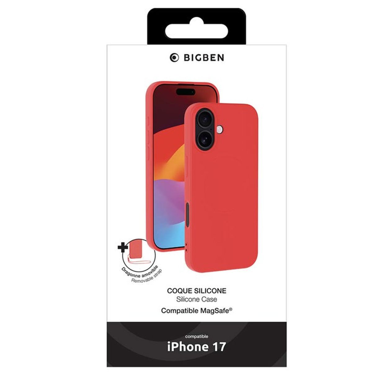 Custodia rossa in silicone per iPhone 17, compatibile MagSafe, con laccetto.