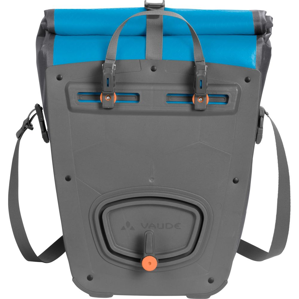 Szara torba rowerowa z niebieskimi akcentami i paskami.