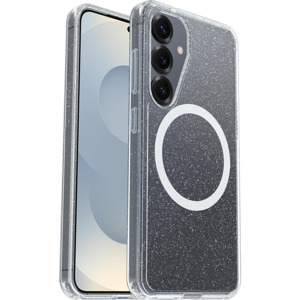 Een doorzichtige telefoonhoes met glitter en een cirkel op de achterkant.