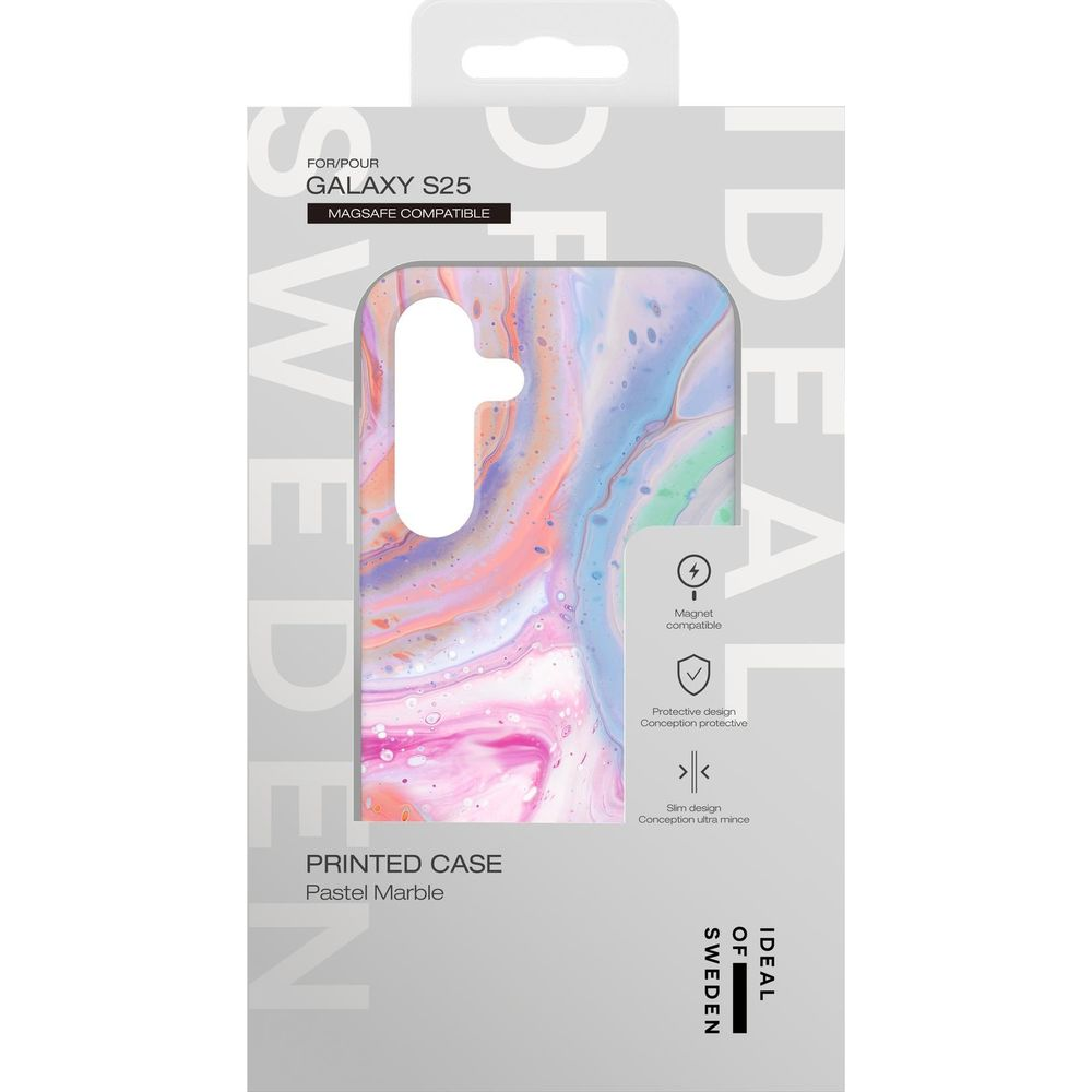 Verpackung für Galaxy S25 Hülle, Pastell Marmor Design, MagSafe kompatibel.