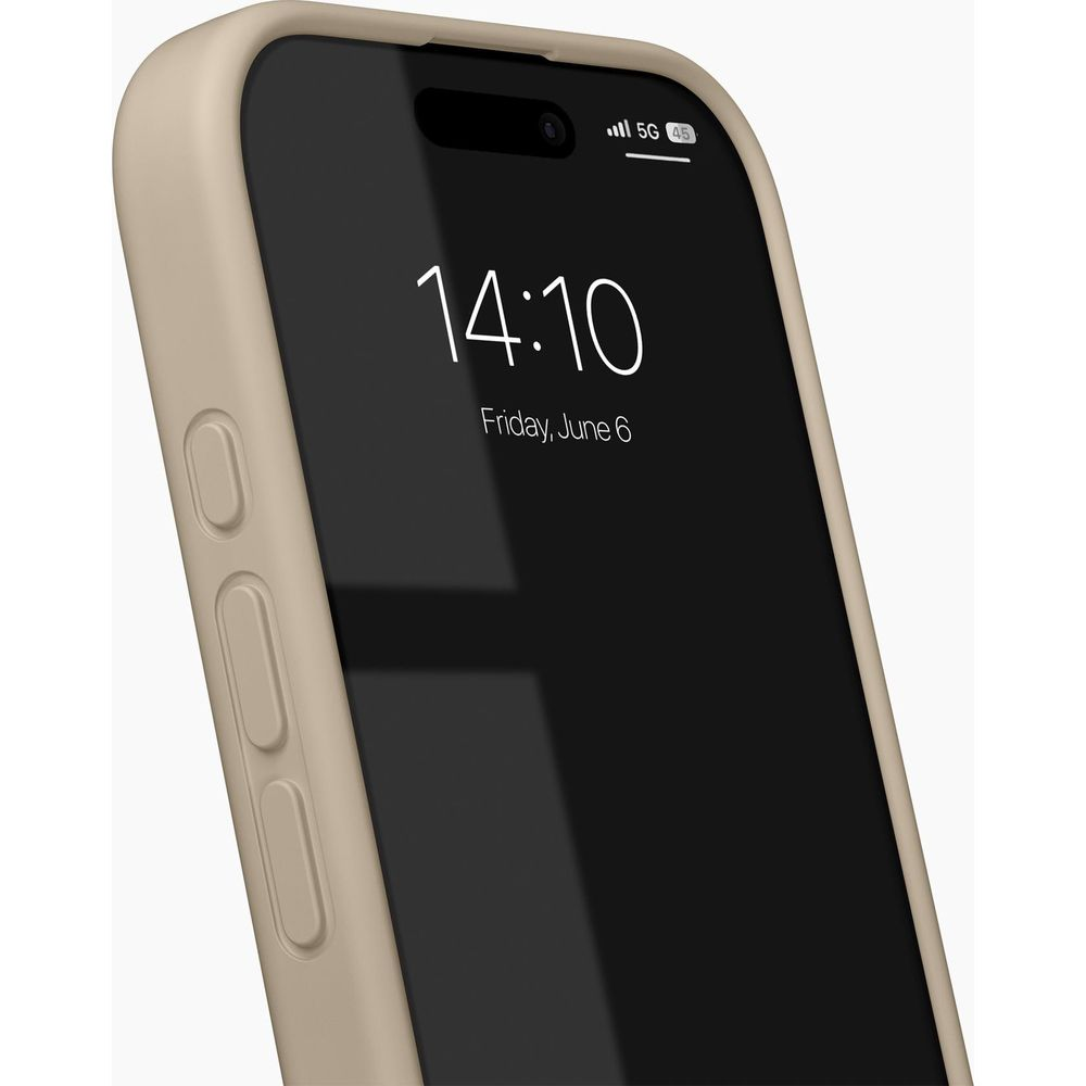 Ein beige Hülle umgibt ein Smartphone mit gesperrtem Bildschirm. 14:10.