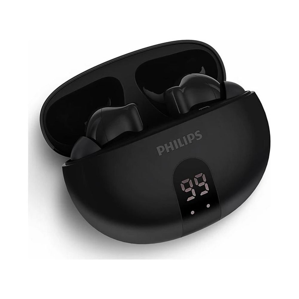 Schwarzes Philips-Headset mit Ladecase und digitaler Anzeige.