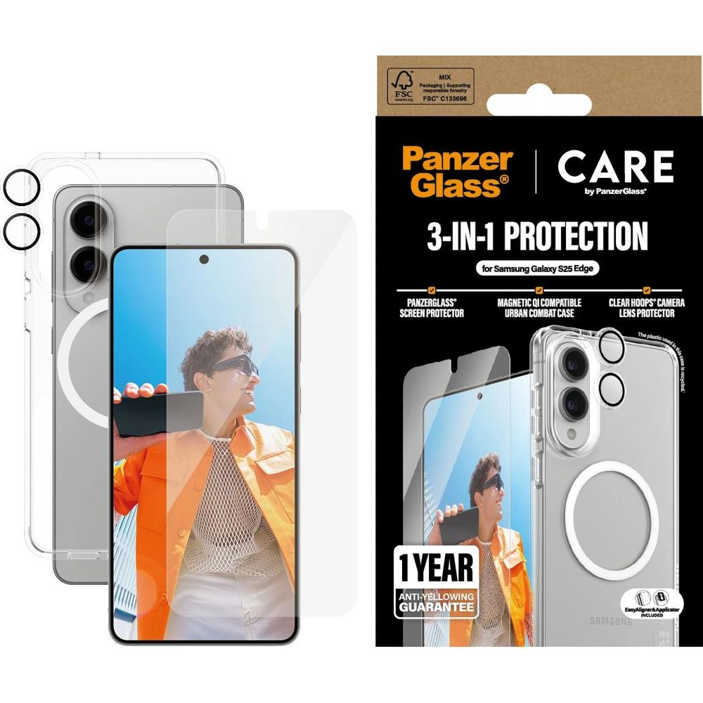 Ochrona PanzerGlass 3w1 do Samsung Galaxy S25 Edge: ochrona ekranu, etui, ochrona obiektywu.