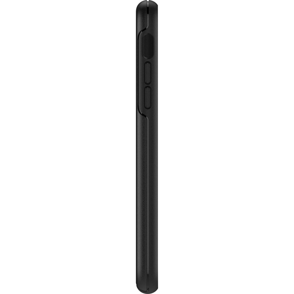 Coque de téléphone noire avec boutons latéraux, sur fond blanc.