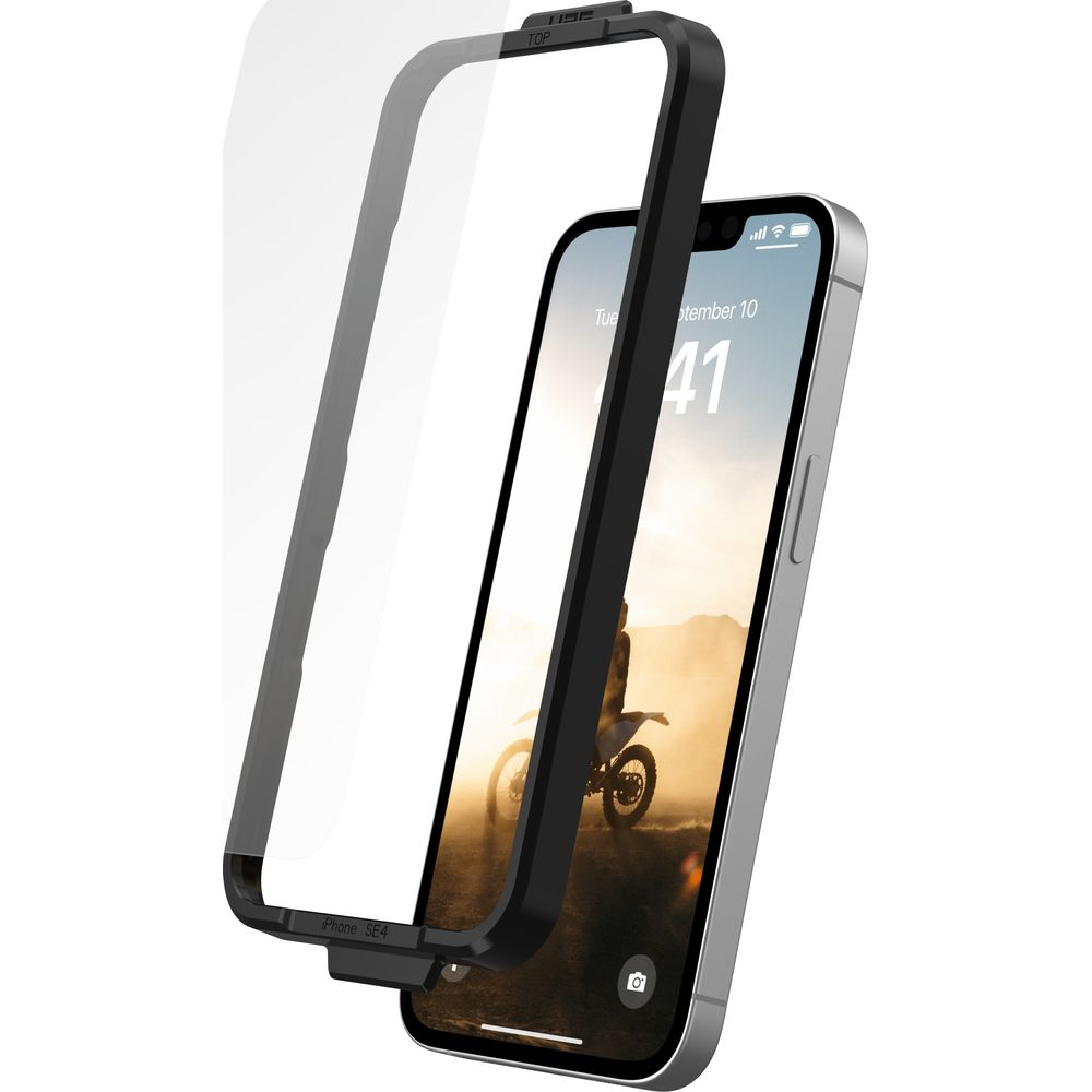 Una cornice nera e protezione schermo su un iPhone con sfondo moto.
