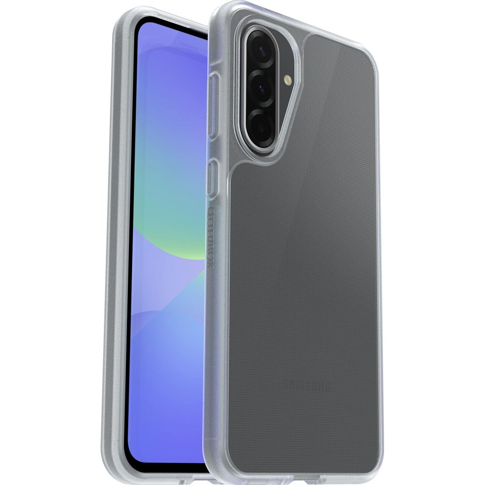 Een doorzichtige telefoonhoes met grijze achterkant en camera-uitsparing.