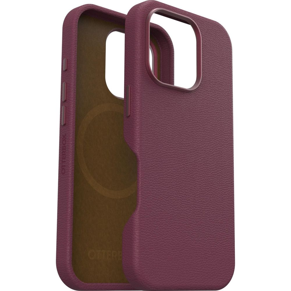 Une coque de téléphone prune avec finition similicuir texturé.