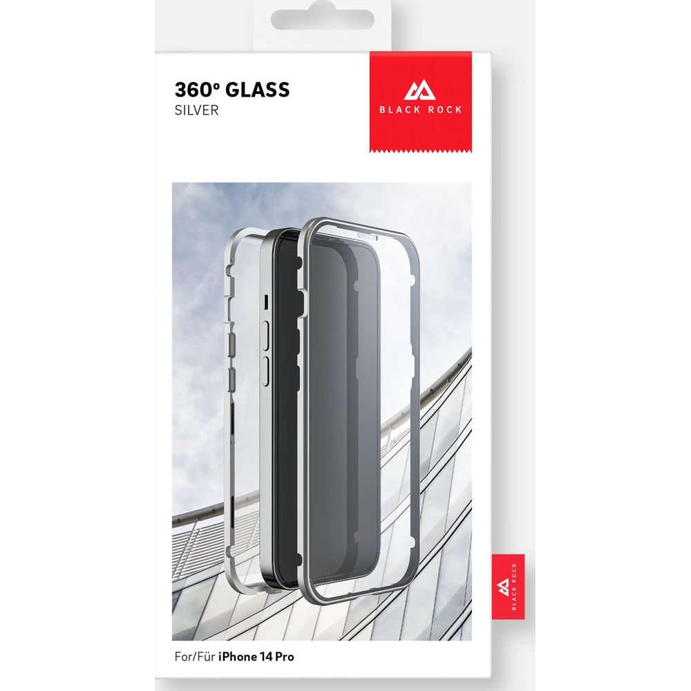 Confezione per protezione schermo 360° Glass, argento, per iPhone 14 Pro.