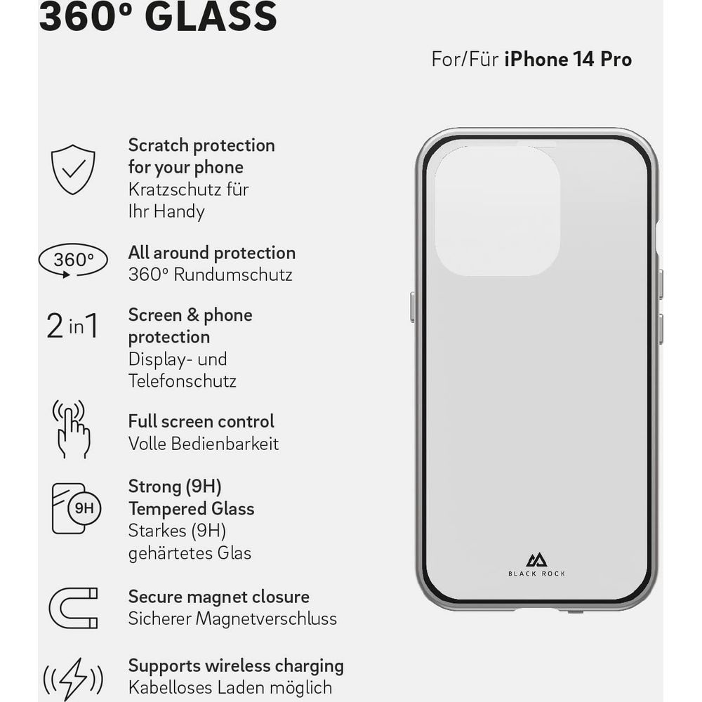Vetro 360° per iPhone 14 Pro con protezione antigraffio, protezione 360°, chiusura magnetica.