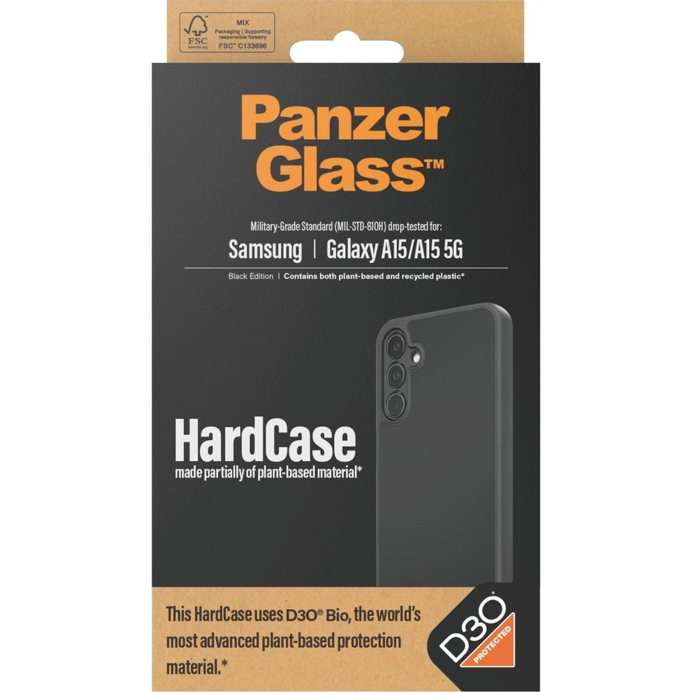 Custodia Panzer Glass per Samsung A15 5G, nera, materiale vegetale.