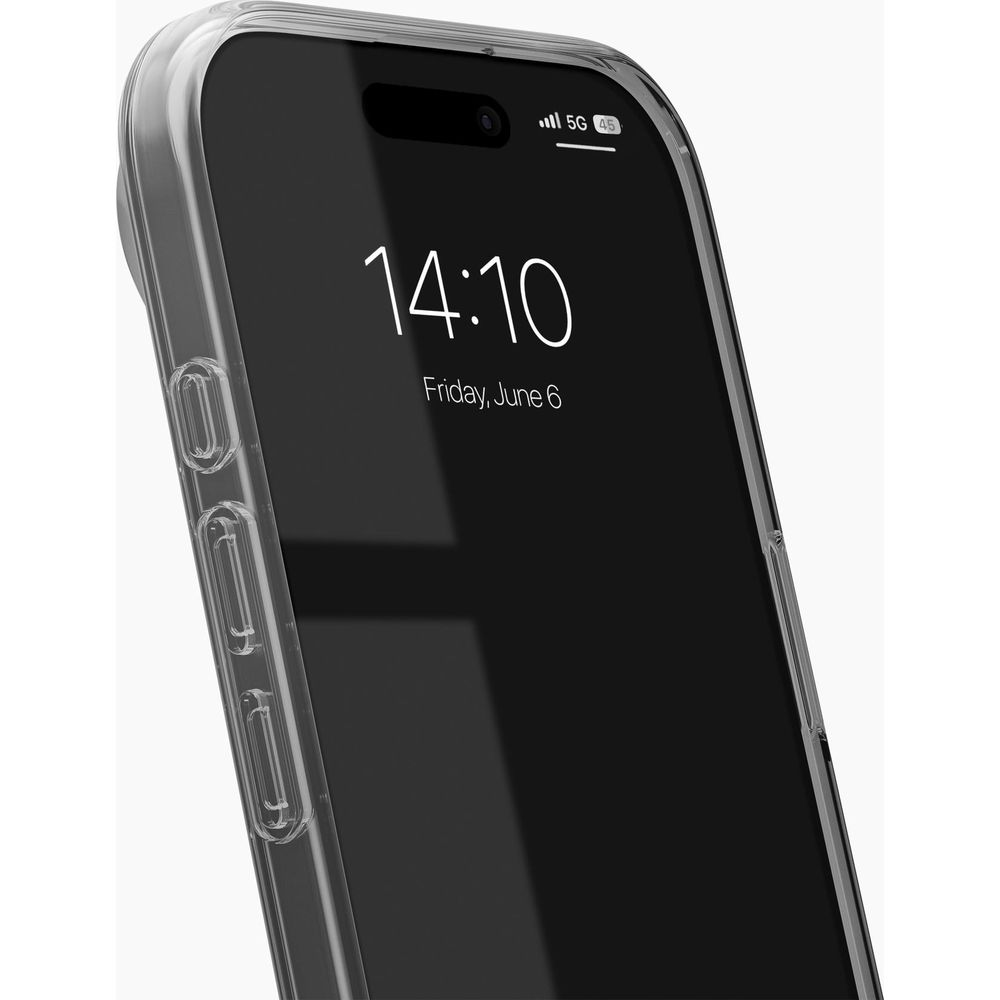 Ein durchsichtiges Handygehäuse schützt ein Smartphone mit dunklem Bildschirm.