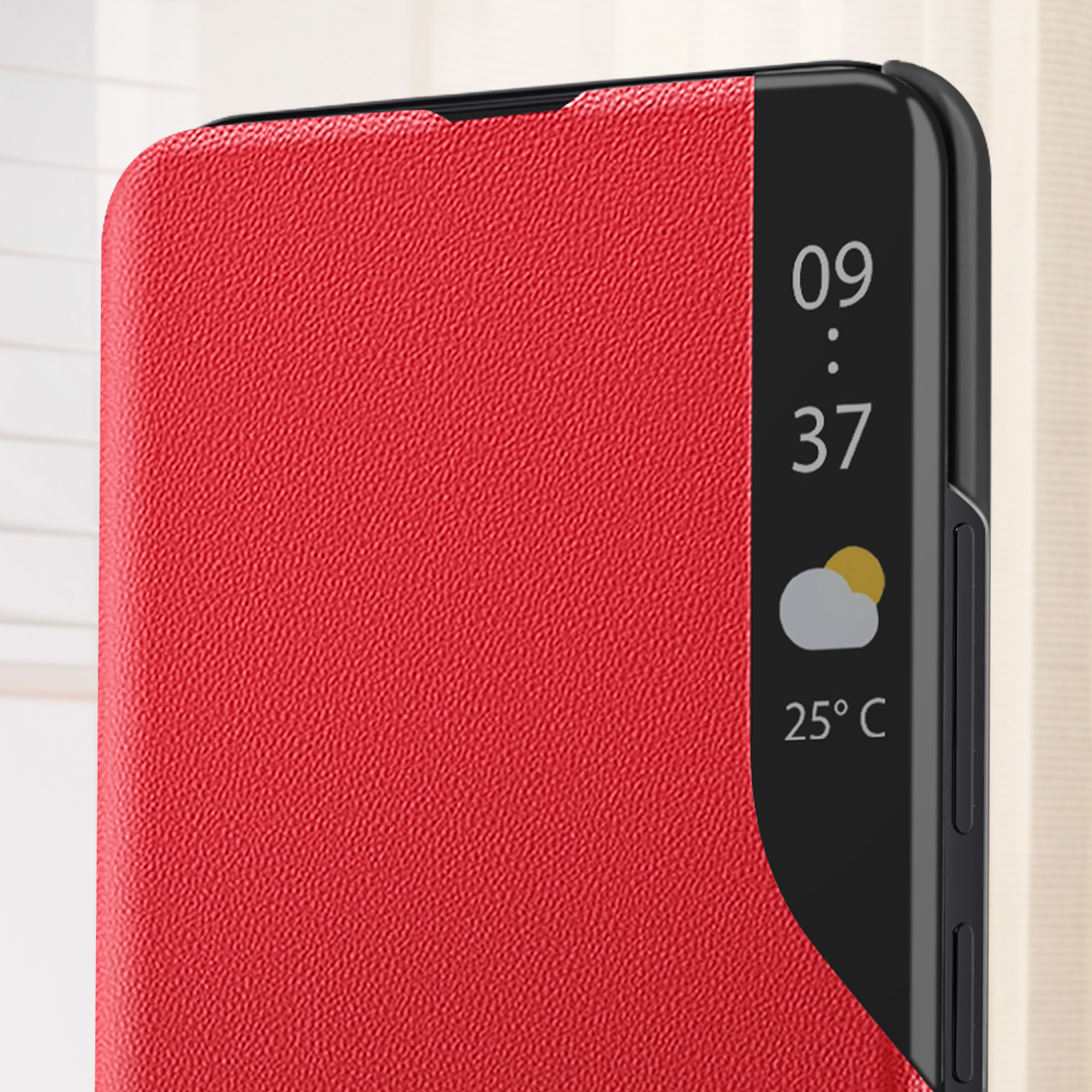 Custodia rossa per telefono che mostra ora, icona meteo e temperatura.