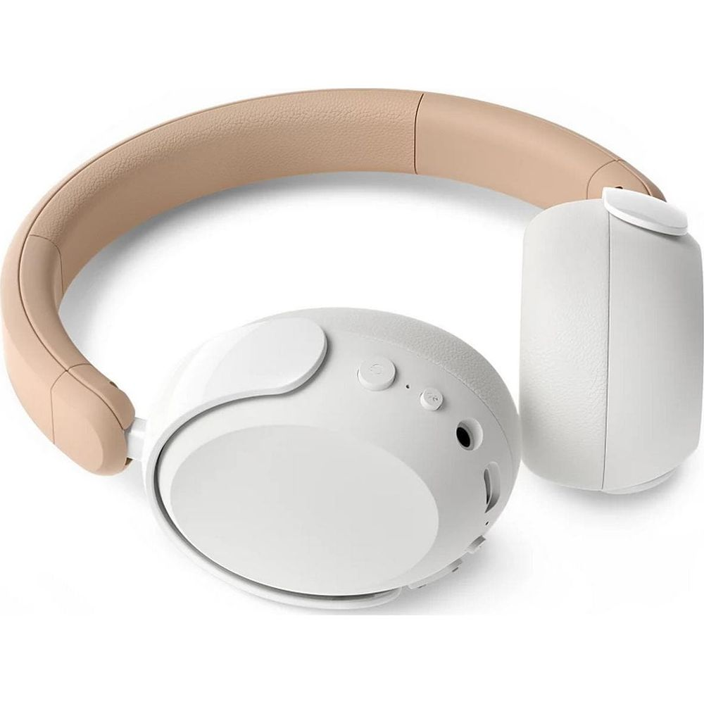 Beżowy pałąk z białymi nausznikami i przyciskami.