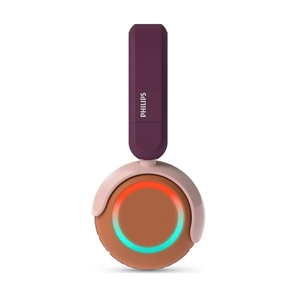Casque violet avec oreillettes marron, illuminé d'anneaux rouges et verts.