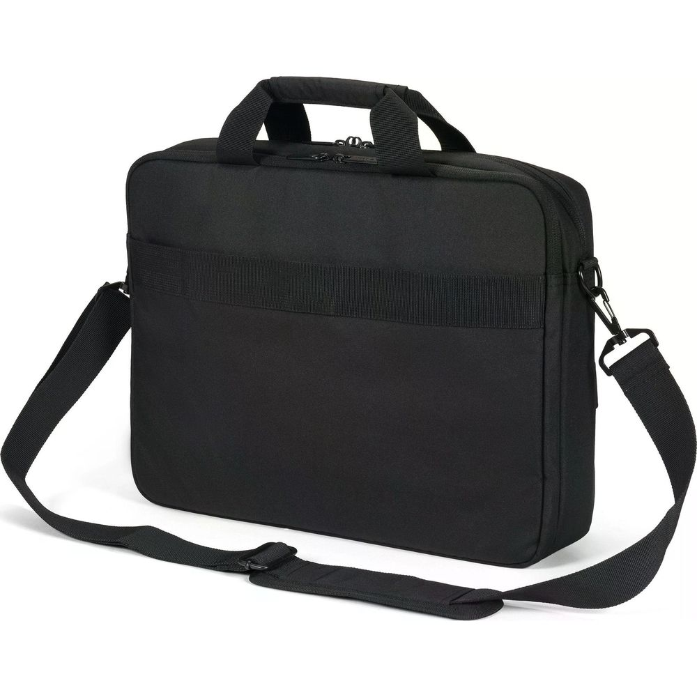 Borsa nera per laptop con due manici e tracolla removibile.