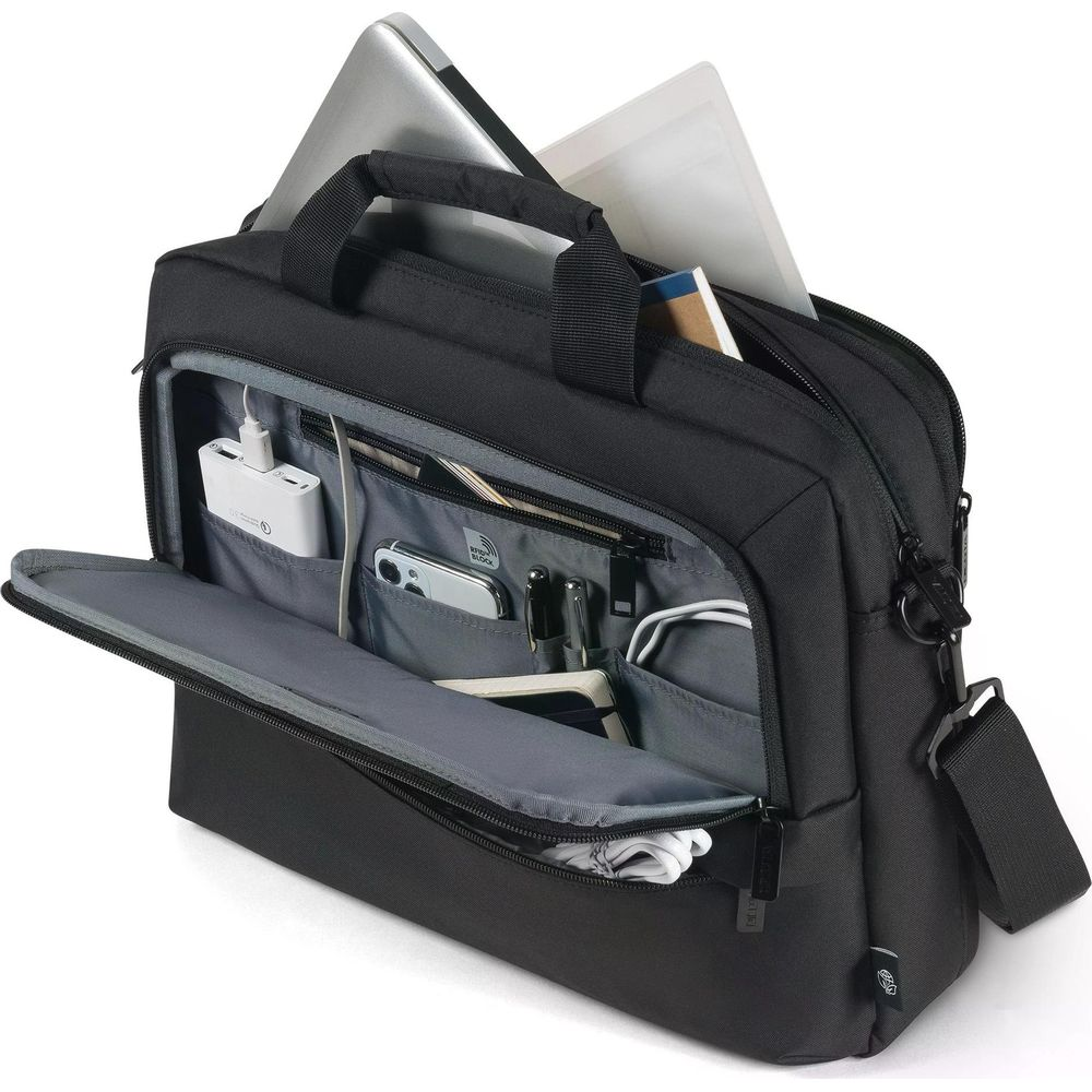 Borsa nera per laptop con laptop, caricabatterie, telefono, penne e cavi.